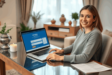 Человек заполняет заявку на кредит через ноутбук в домашней обстановке.