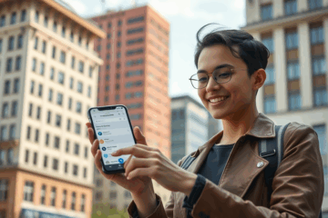 Человек использует банковское приложение на смартфоне для онлайн кредита